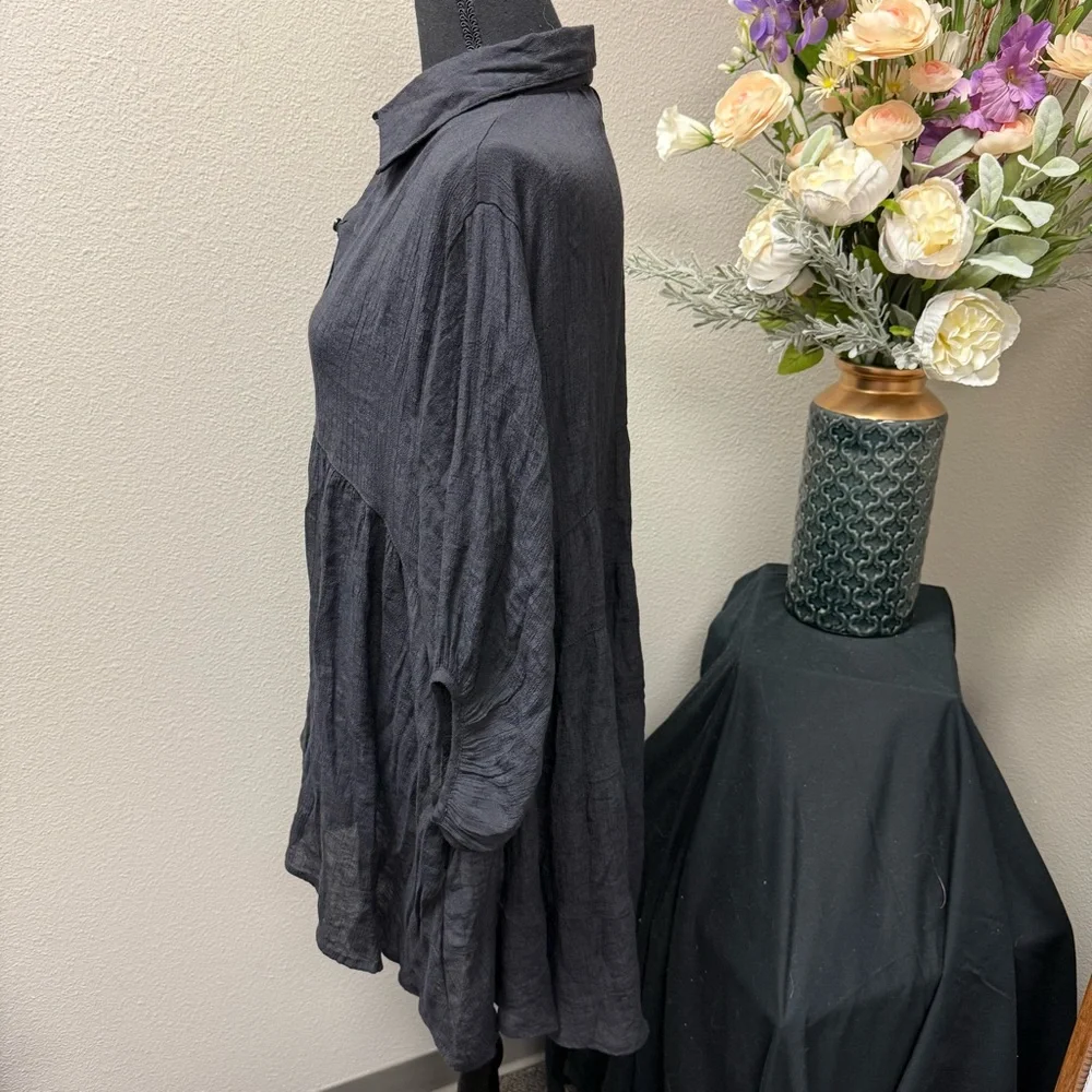 Umgee Black Button Front Tunic Top Small Boho Flowy Long Sleeve Casual Shirt - Picture 2 of 7